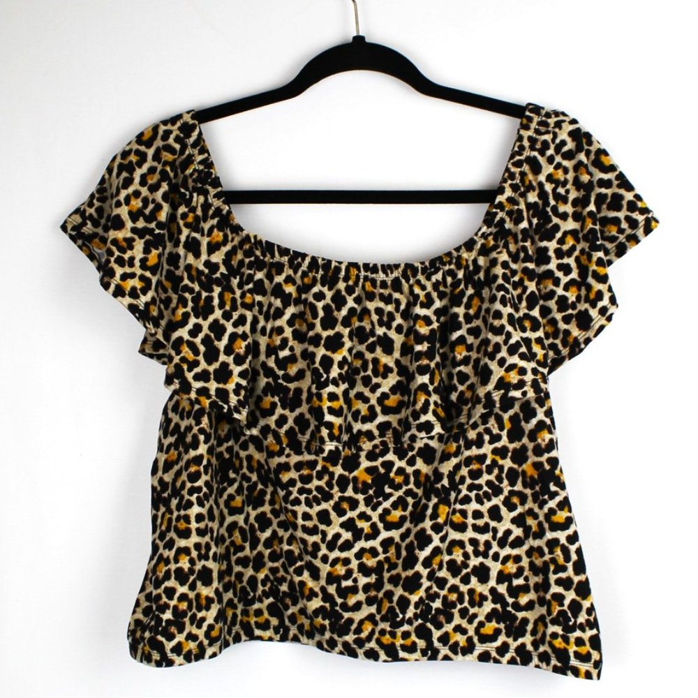 Love Ari Leopard Flutter Bare Shoulder Crop Top